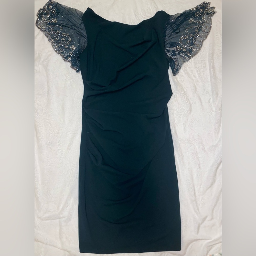 Betsy & Adam Dark Green Puff Sleeve Sheath Dress